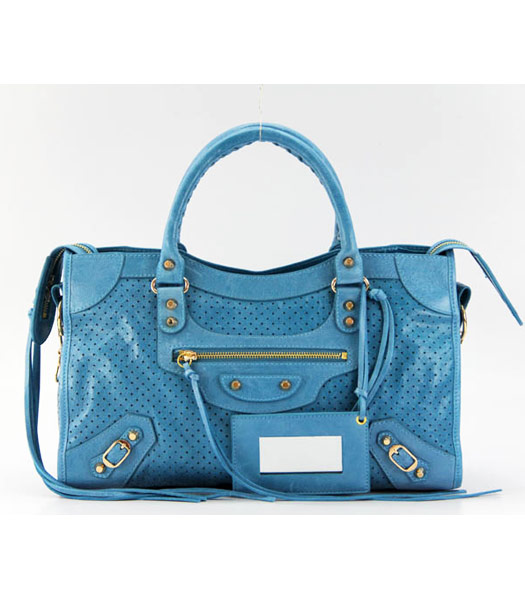 Balenciaga Città Croce Cielo Borsa di cuoio blu dell'oro Nails